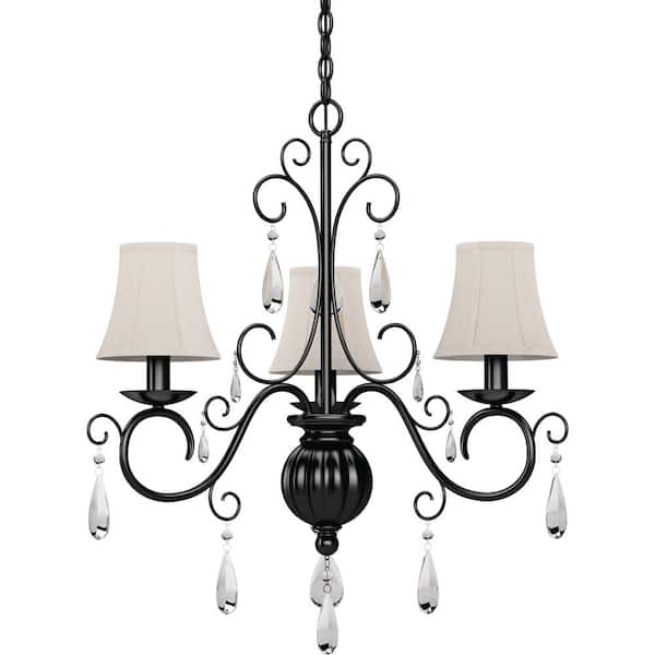 Volume Lighting Ava 3-Light Foundry Bronze Indoor Hanging Chandelier with Ivory Fabric Lamp Shades