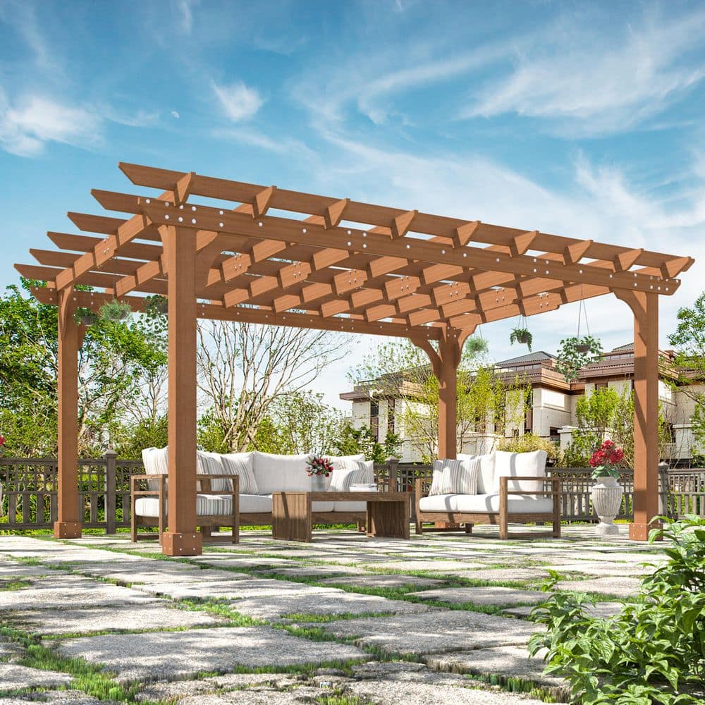 VEIKOUS 14 ft. W x 10 ft. D Cedar Wood Patio Pergola Shade Structure ...