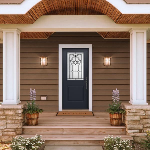 36 in. x 80 in. Left-Hand/Inswing 1/2 Lite Ardsley Decorative Glass Black Fiberglass Prehung Front Door