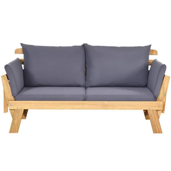 Clihome Adjustable Acacia Wood Beach Chair Patio Convertible Sofa with Gray Cushions