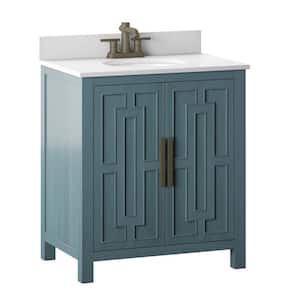 30 in. W. x 20 in. D x 38 in. H Single Sink Bath Vanity in Blue with White Marble Vanity Top with White Basin