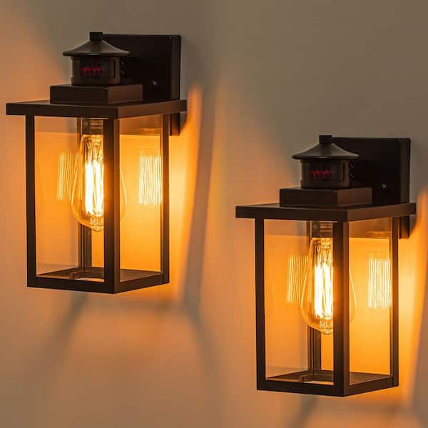 C Cattleya 1-Light Black Motion Sensor Dusk To Dawn Outdoor Hardwired Wall Lantern Sconces with No Bulb Included (2-Pack)