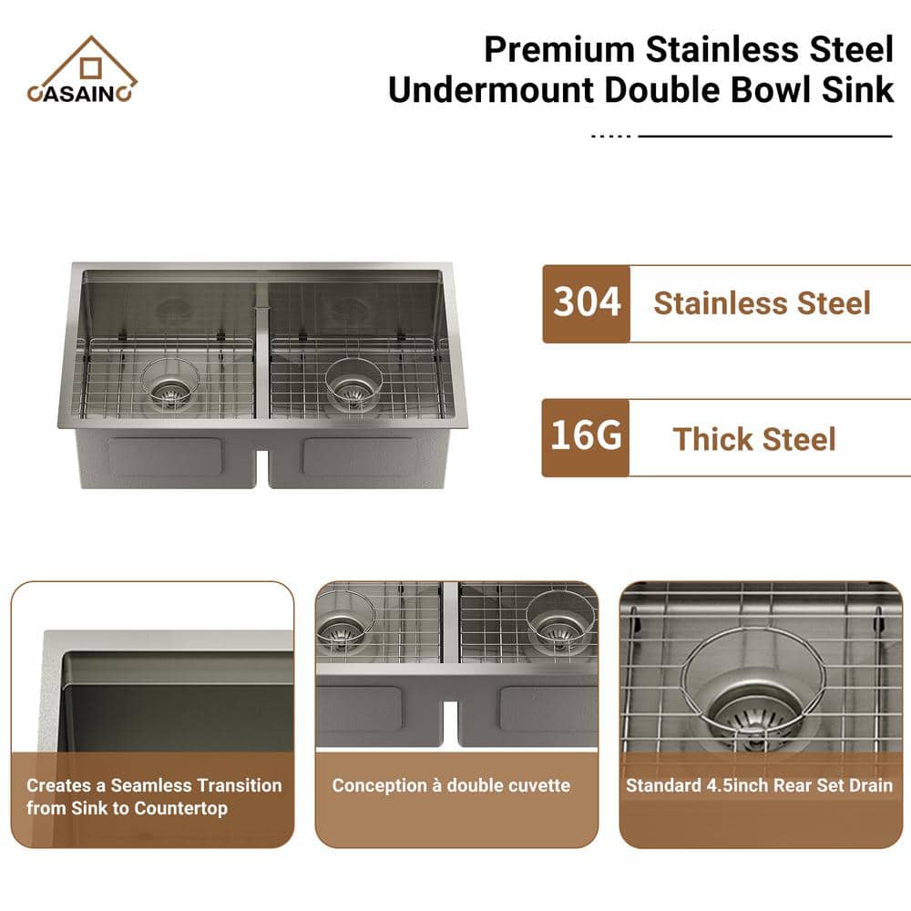 33'' Stainless Steel Undermount Double Bowl Kitchen Sink with Faucet