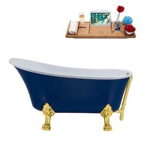 55 in. Acrylic Clawfoot Non-Whirlpool Bathtub in Matte Blue With Brushed Gold Drain Drain And Polished Gold Clawfeet