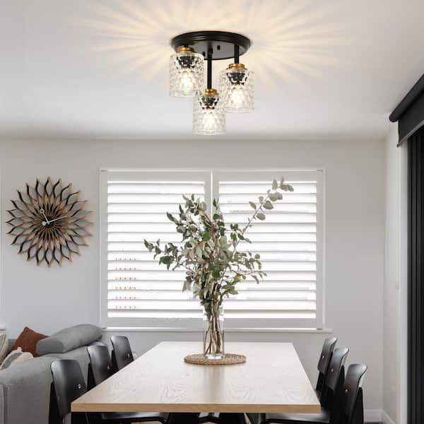 Essel 11.02 in. 3-Light Black Modern Vintage Semi-Flush Mount Lighting with Pineapple Glass Shade, No Bulbs Included