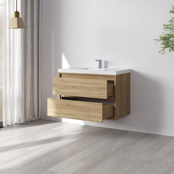Purus 36 in. W x 20 in. D x 26 in. H Single Sink Wall Mounted Bath Vanity in Oak with White Cultured Marble Top