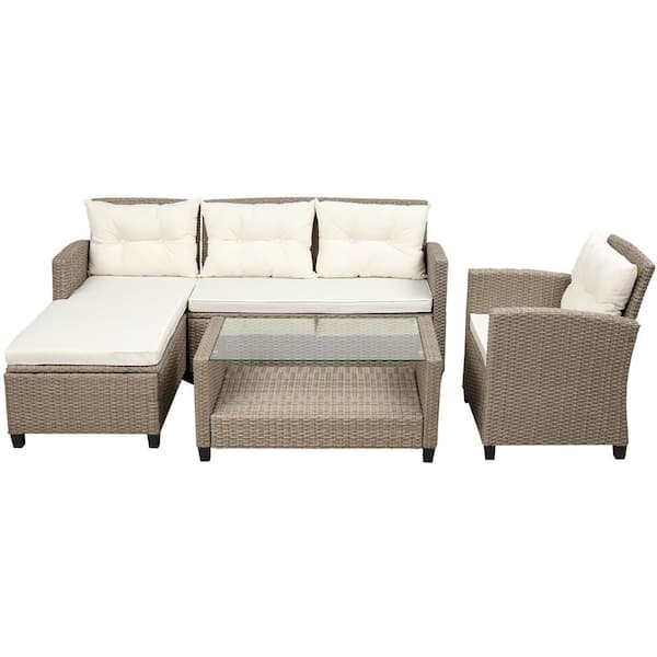 Brown 4-Piece Wicker Outdoor Patio Conversation Set Sectional Set with Beige Cushions