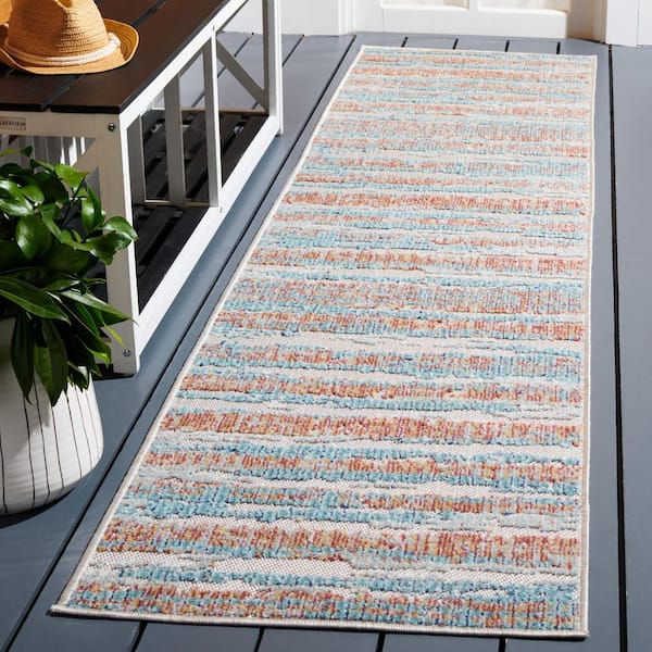 Cabana Aqua/Pink 2 ft. x 9 ft. Abstract Striped Indoor/Outdoor Runner Rug