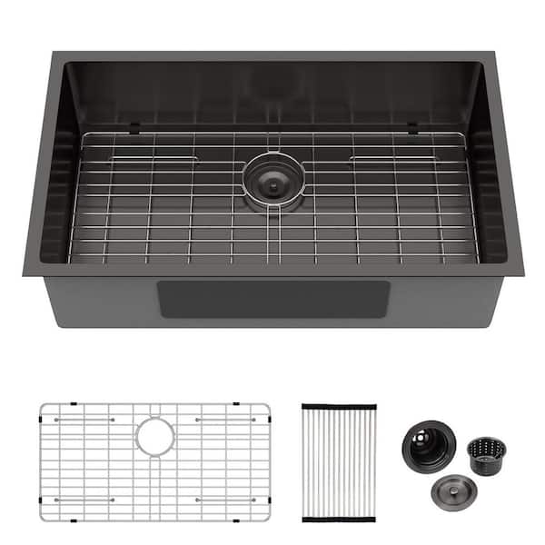Logmey 28 in. Undermount Single Bowl 16 Gauge Gunmetal Black