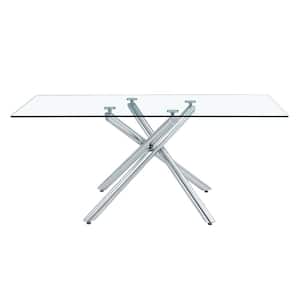 Large Modern Rectangular Clear Glass Dining Table 71 in. Silver Cross Legs Table Base Type Dining Table Seats 6