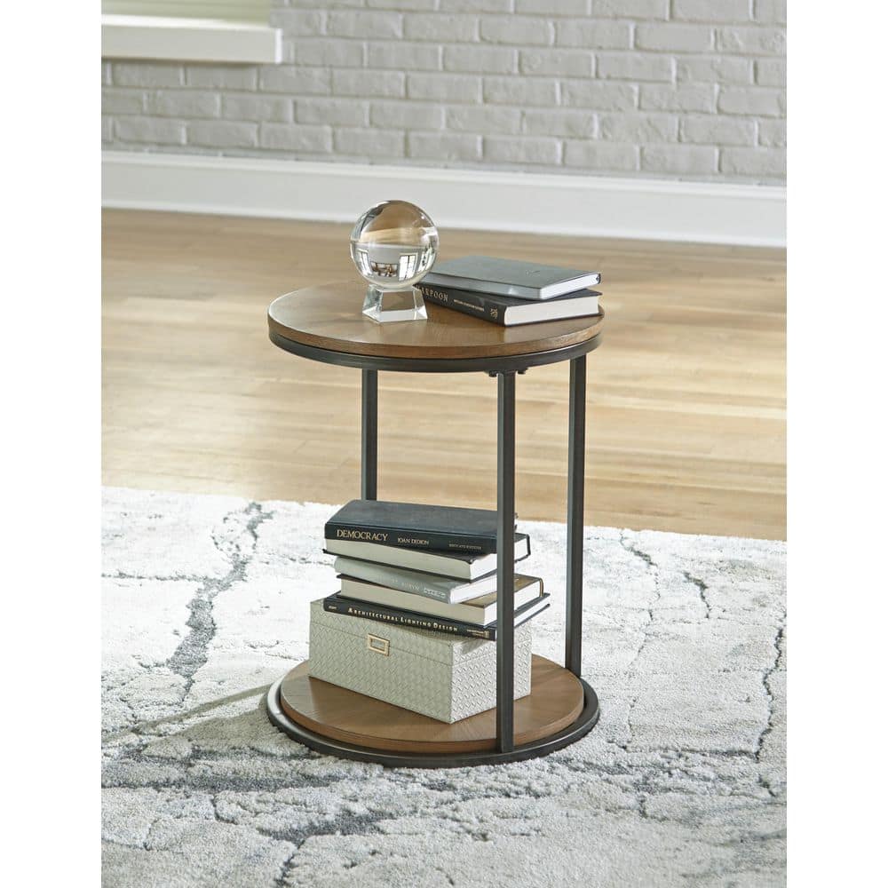 Round Black and Brown Wood Metal End Table with Storage