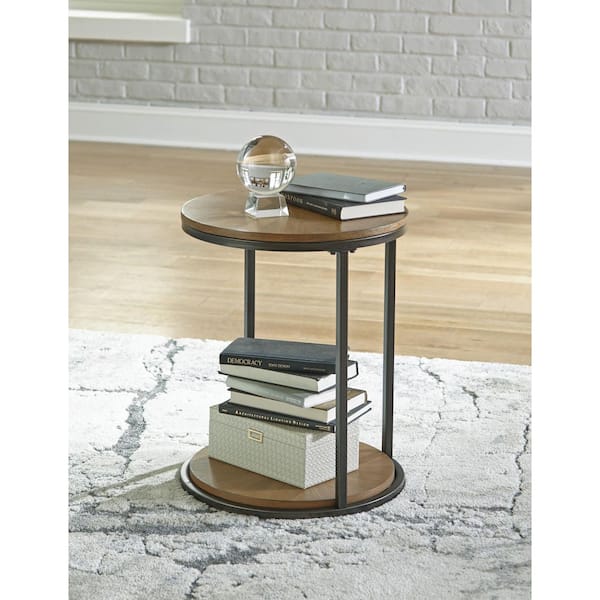 Fridley 18 in. Brown Round Wood End Table with Storage and Shelves