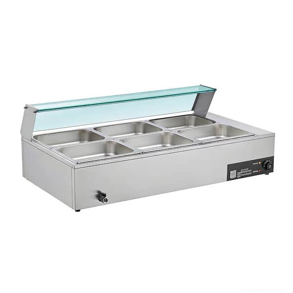 Commercial Electric Food Warmer, 1500W Stainless Steel Steam Table with Glass Lid, Includes 6 Half-Size Pans