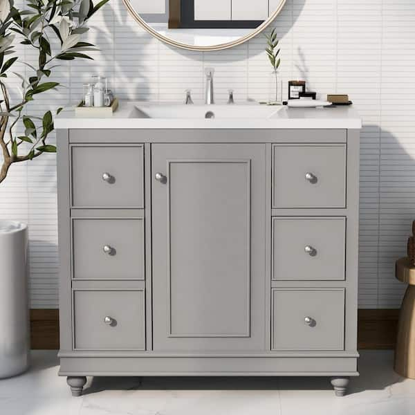 36 in. W x 18 in. D x 33.87 in. H Single Sink Freestanding Bath Vanity in Gray with White Ceramic Top and Cabinet