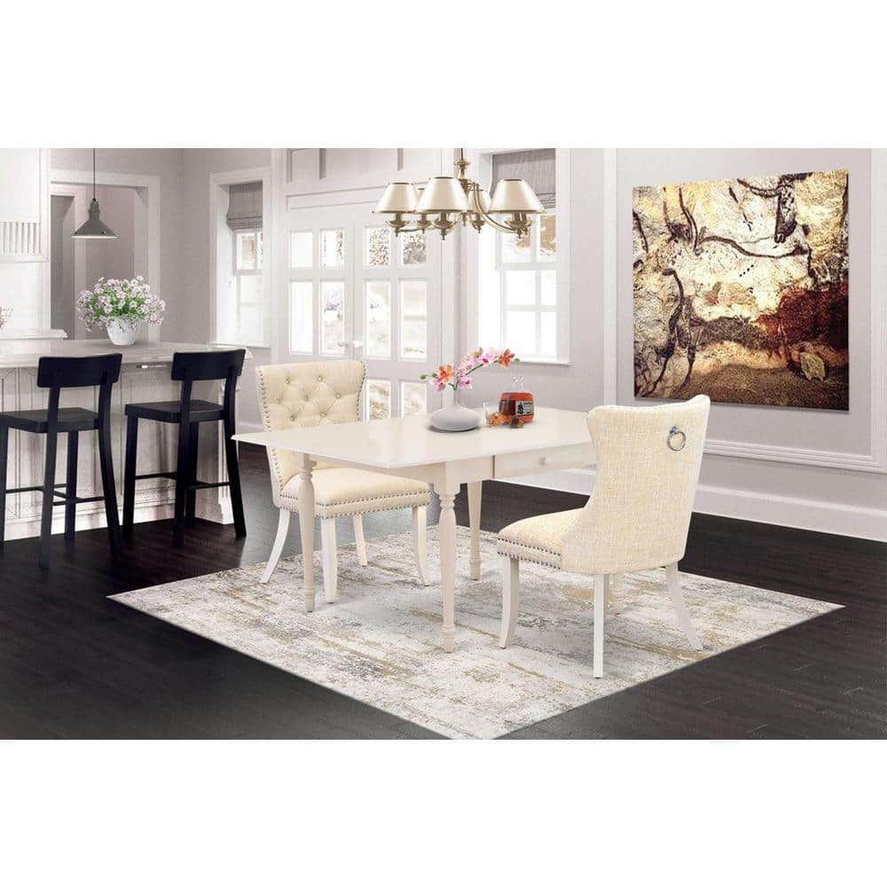 Linen White Rubberwood Dining Table Set with Beige Upholstered Chairs
