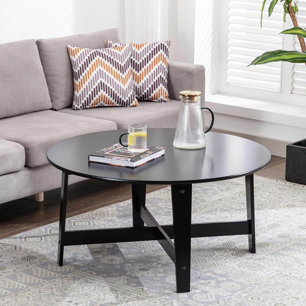 Black Round Wood Coffee Table with Sleek Design, 36"
