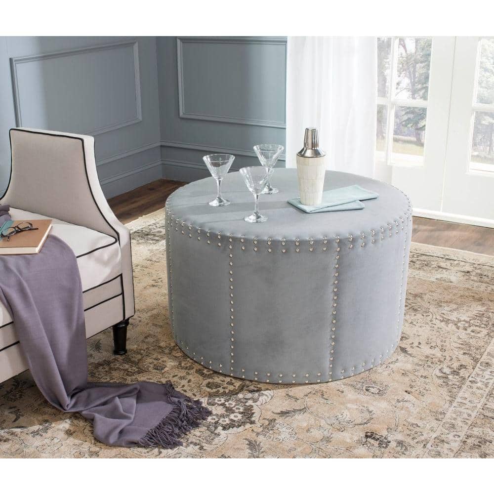 Transitional 34'' Gray Velvet Round Cocktail Ottoman with Nailhead Trim