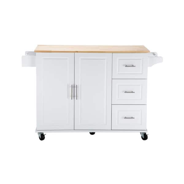 FUNKOL White Rubber Wood 54 in. Kitchen Island and Kitchen Cart with 3 Drawer, Wheels, and Expanding Panels