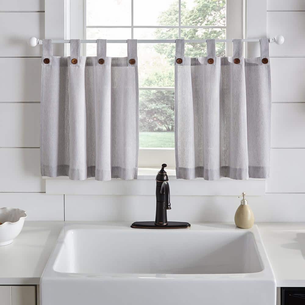 Gray Cotton Button Tab Top Light-Filtering Kitchen Window Tiers