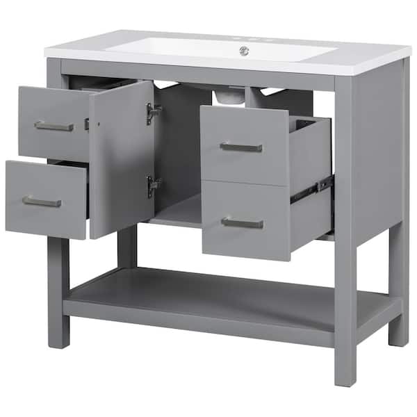 Aoi box 36 in. Gray Modern Bathroom Vanity with USB, 2 Shallow Drawers, 1 Deep Drawer, 1 door, Single Resin Sink