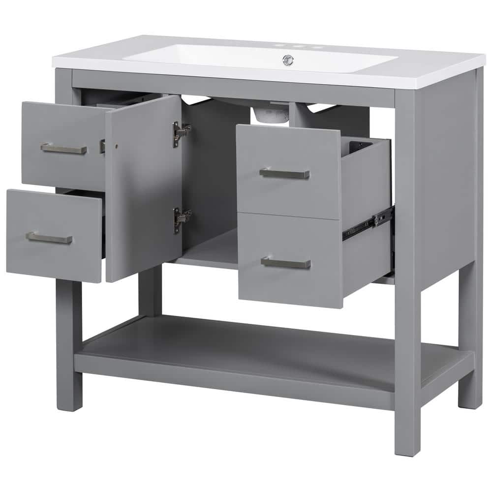 36 in. Gray Modern Bathroom Vanity with USB, 2 Shallow Drawers, 1 Deep Draw