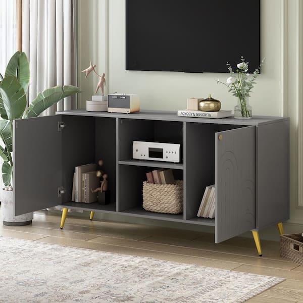 Gray TV Stand Fits TV's up to 55 in. with Adjustable Shelf, Metal Legs, Handles and Anti-Tip Device