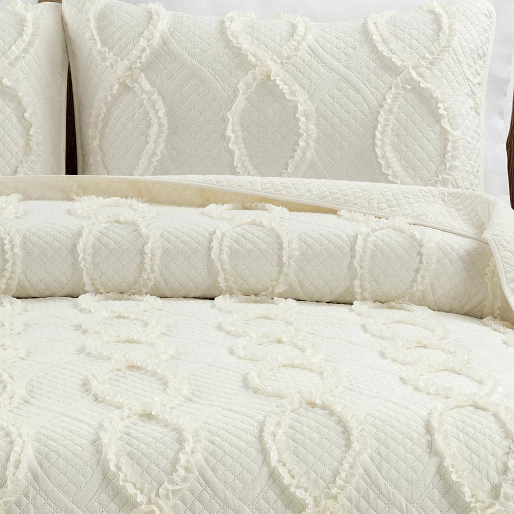 Ivory Full/Queen Microfiber Textured Quilt Set