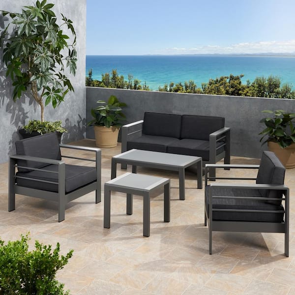 4-Pieces Aluminum Frame Patio Conversation Set Rope Outdoor Furniture with  Table and cushions, Grey