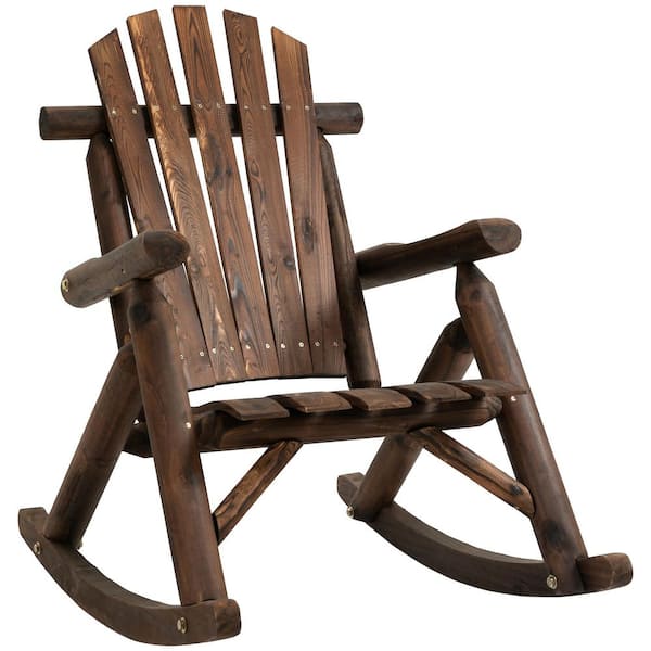 Huluwat Dark Brown Wood Rustic Rocking Adirondack Chair with Slatted Seat, High Backrest, Armrests, Set of 1