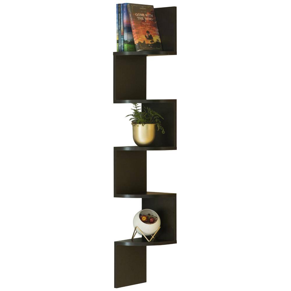 Black Wood 5-Tier Wall Mount Corner Shelf