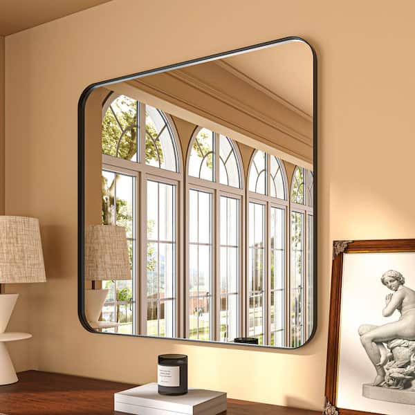 30 in. W x 30 in. H Rectangular Aluminum Framed Modern Black Rounded Wall Mirror