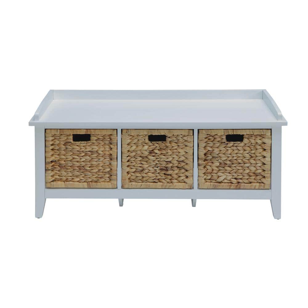 White Wood and Rattan Storage Bench with Drawers
