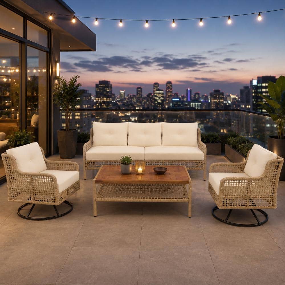 4 Piece Wicker Patio Sofa Set with Swivel Chairs and Wood Coffee Table, Sectional Rattan Outdoor Furniture for Backyard price history on PriceWatchPro