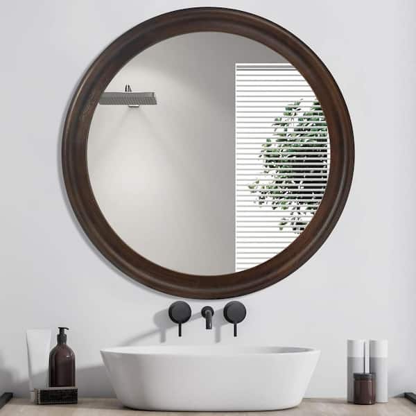 Unbranded 20 in. W x 20 in. H Round Wood Framed Wall Mirror for Bathroom, Entryway Console Lean Against Wall in Dark Brown
