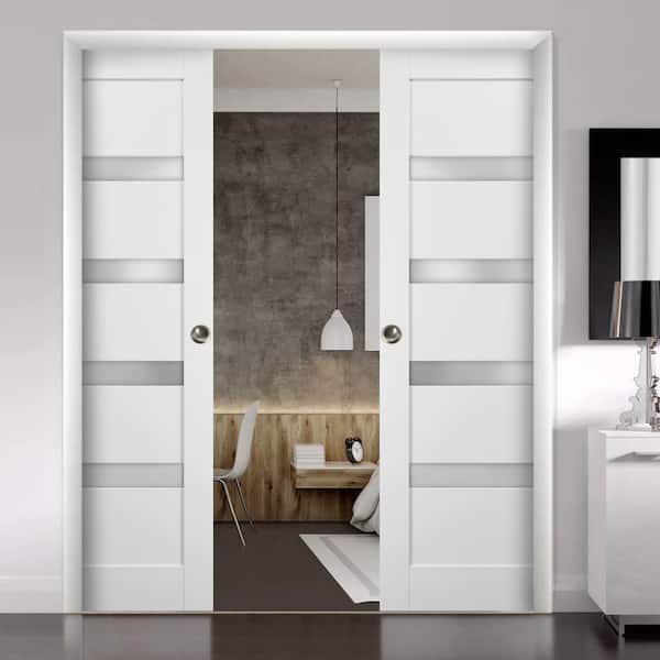 56 in. x 84 in. Single Panel White Solid MDF Sliding Door with Double Pocket Hardware