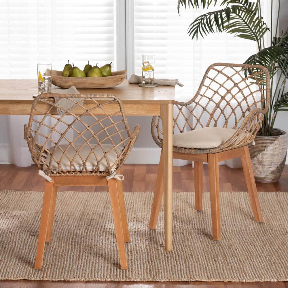 Bohemian Greywashed Rattan and Natural Brown Dining Chair Set with Cushions