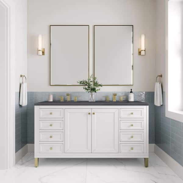 James Martin Vanities Chicago 60.0 in. W x 23.5 in. D x 33.76 in. H Double Bath Vanity in Glossy White with Charcoal Soapstone Quartz Top