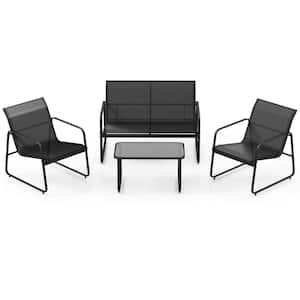 4 Piece Metal Patio Conversation Furniture Set Tempered Glass Coffee Table Outdoor Chair Loveseat Black