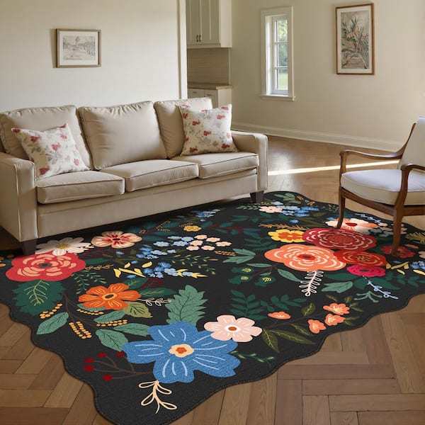 Papaver Rhoeas Black 8 ft. x 10 ft. Floral Washable Area Rug