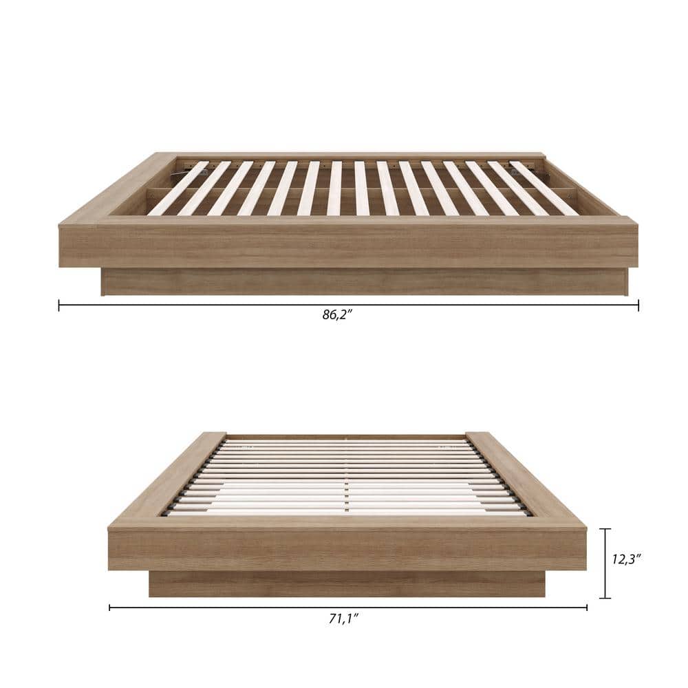 Natural Oak Queen Upholstered Platform Bed Frame