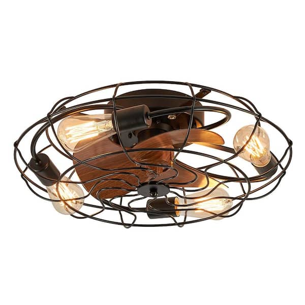 Moxyrano 20 in. 4-Light Indoor Cage Enclosed Ceiling Fan Flush Mount Ceiling Light Modern Farmhouse Black Ceiling Fan with Light