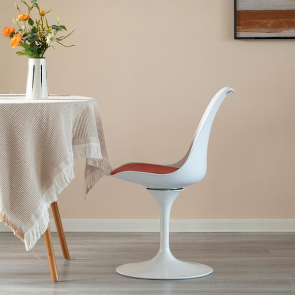 FABULAXE Modern Swivel Tulip Side Chair with Comfortable Red Cushioned Seat, White Polypropylene Accent Side Chair, Single