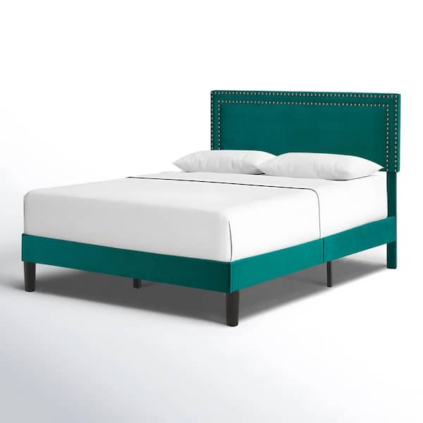 VECELO Upholstered Bed with Adjustable Headboard, No Box Spring Needed Platform Bed Frame, Bed Frame Green Full Bed