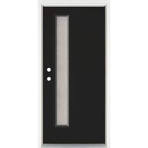 36 in. x 80 in. Right-Hand Inswing Narrow Lite Water Wave Glass Black Painted Fiberglass Prehung Front Door