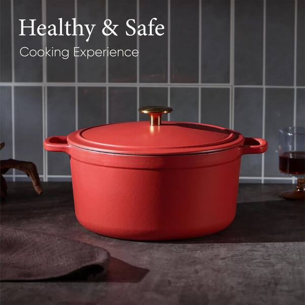 Wudkey 5 qt. Enameled Cast Iron Dutch Oven in Red with Lid, Dual