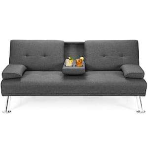 66 in. Gray Linen Convertible Twin Sleeper Sofa Bed with 2-Cup Holders