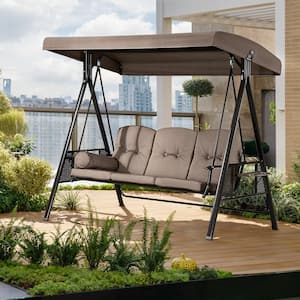 3-Person Steel Metal Patio Swing with Foldable Side Table,Canopy and Cushions, Beige