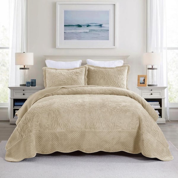 MarCielo BYV304 Beige Leaf and Vines Queen Size Polyester Velvet Quilt Bedspread Set
