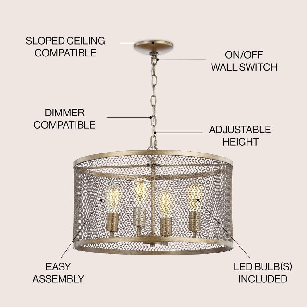 Antique Gold 20" Adjustable Farmhouse Mesh Drum LED Pendant