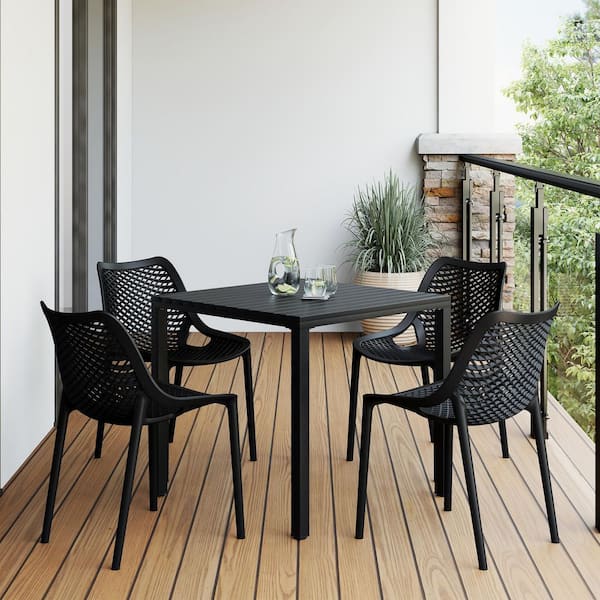 Frond and Form Outdoor Patio Modern 5-Piece Dining Set w/ Square Metal Frame Table and Stackable Plastic Chairs, Black
